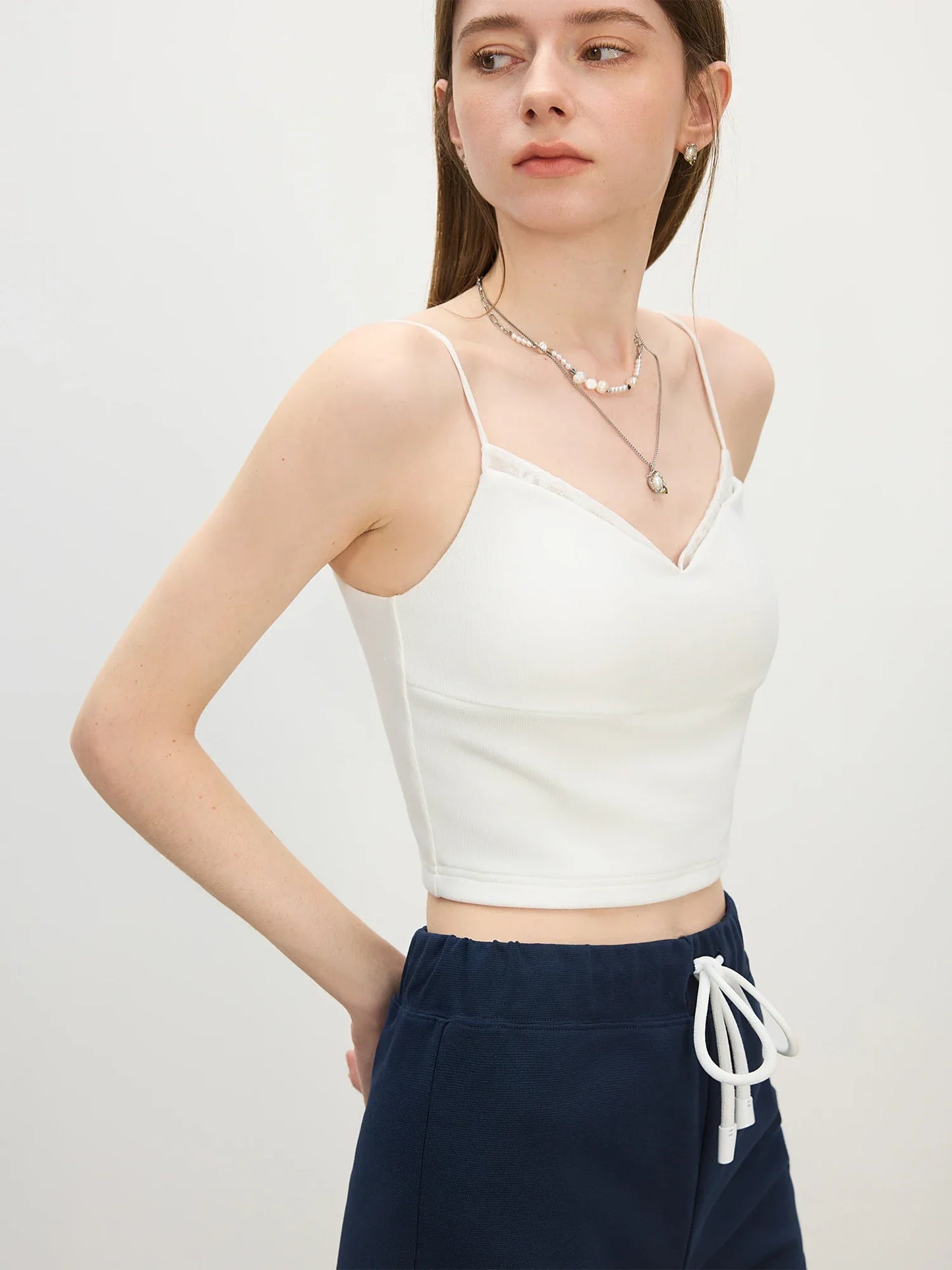 MInimalism Slim Fit Lace Splicing Camisole For Women 2025 Summer New Arrival Strappy Sleeveless Casual Tops 25FS12483