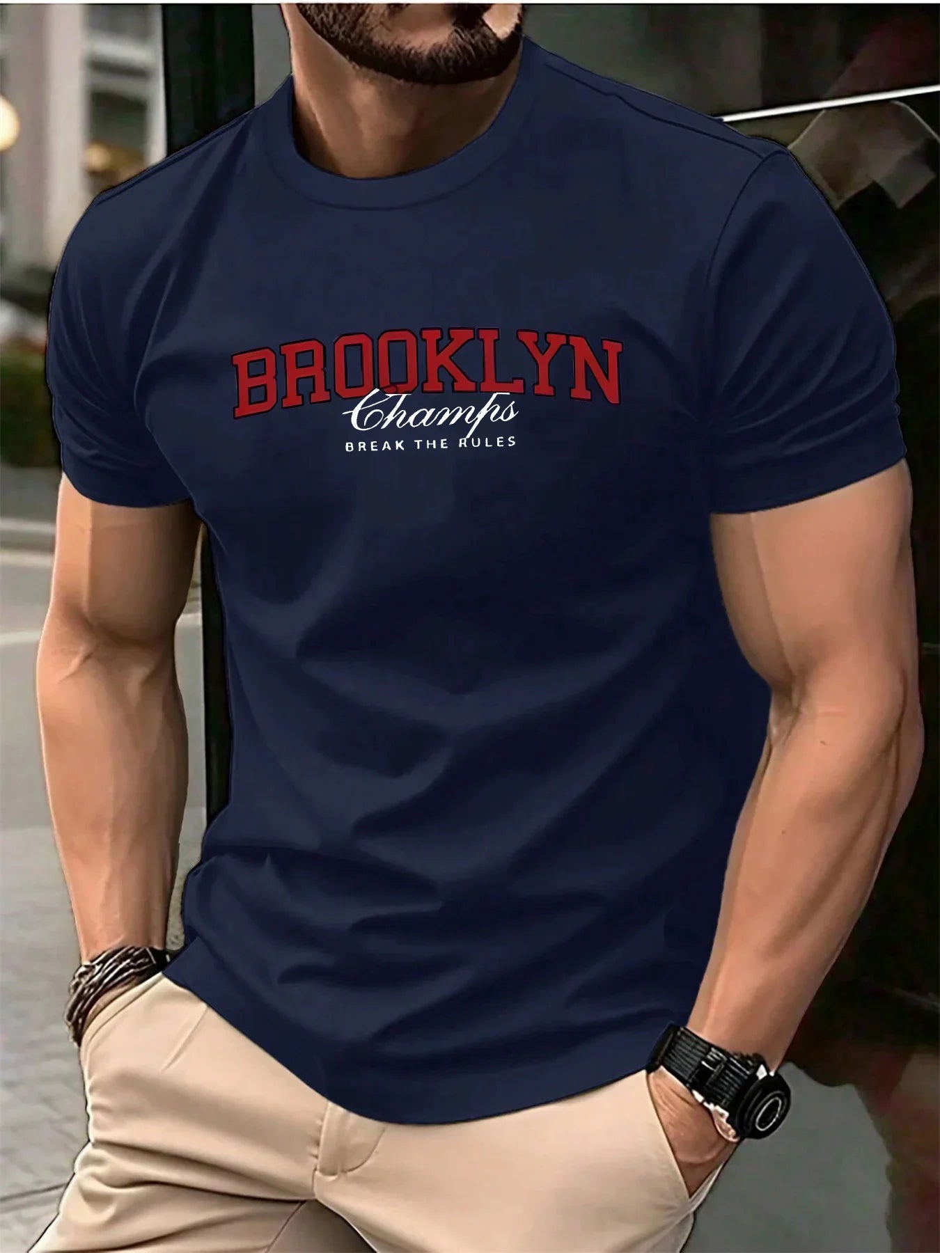 Men's Summer 100% Cotton Fashionable Casual Loose Brooklyn Pattern Printed Sports Round Neck Short Sleeve T-shirt Top