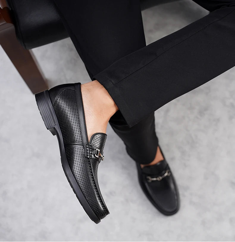 Men's bean shoes, genuine leather hollow out breathable business casual dad leather sandals, soft soled loafers10790DW