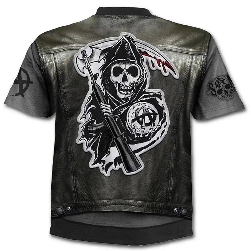 New retro street punk motorcycle men's T-shirt 3D shirt casual fashion hip-hop horror short sleeved round neck men's clothing