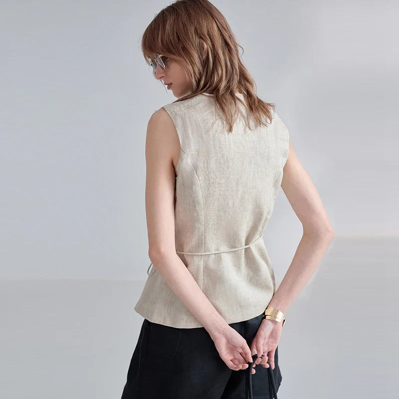 100% Linen V-Neck Vest Women's Tank Top French Vintage Lace-up Top Casual Sleeveless Office Ladies Waist-Cinched Linen Tops