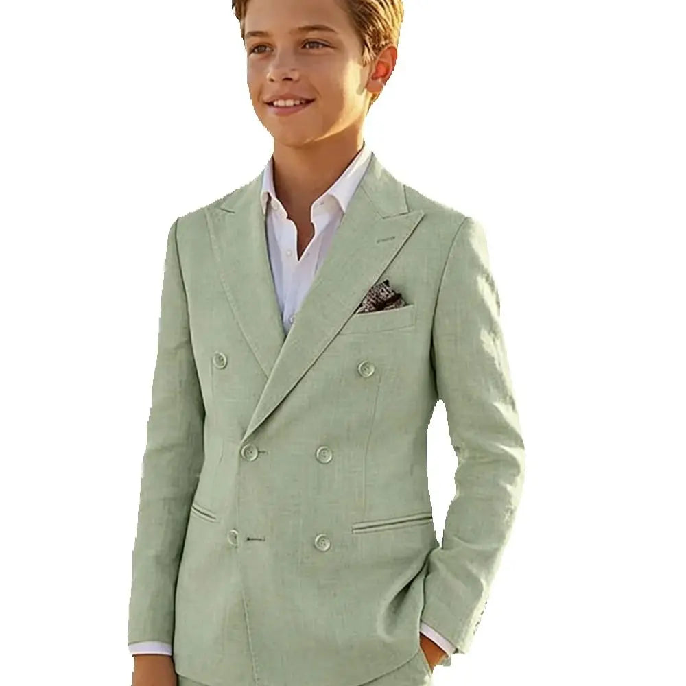 Boys Linen Suit Set 2 Pieces Banquet Party Wear Double Breasted Kids Tuxedo With Jacket Pants For Birthday Gift Elegant Suits