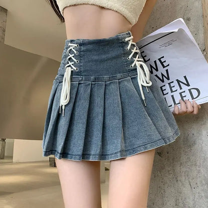 تنورات دنيم مطوية نسائية لطيفة برباط أنيقة بناتي تنورة صيفية قصيرة على الطراز الكوري بتصميم مثير بخصر عالٍ وملابس الشارع للجامعة