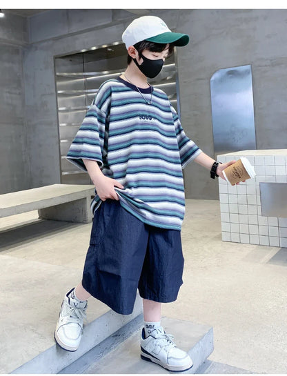 2026 Children Summer Clothes Set for Teen Boy Cotton Striped T-Shirt Shorts Two Pieces Outfit Suit Kids Clothing 5 7 9 11 13 14Y