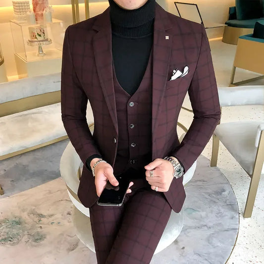 Blazer and Vest and Pants / Boutique Fashion Plaid Men's Casual Business Suit 3pcs Set Groom Wedding Dress Performance Costume