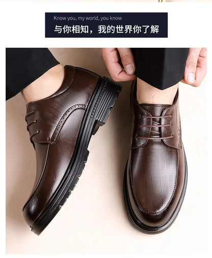 Men's Lace-up Business Casual Leather Shoes Spring Autumn New Platform Work Shoes Male Fashion Solid Color Dress Shoe Man