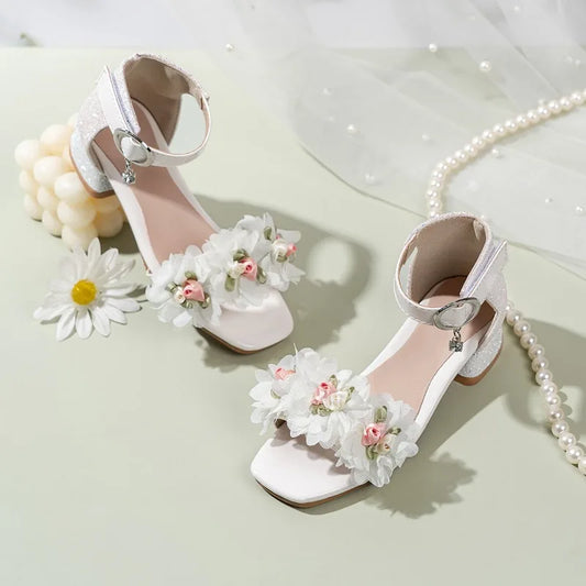 2026 Summer Kids Elegant Sandals New Sequins Girls Catwalk Shoes for Wedding Party Fashion Flower Children's Princess High Heels