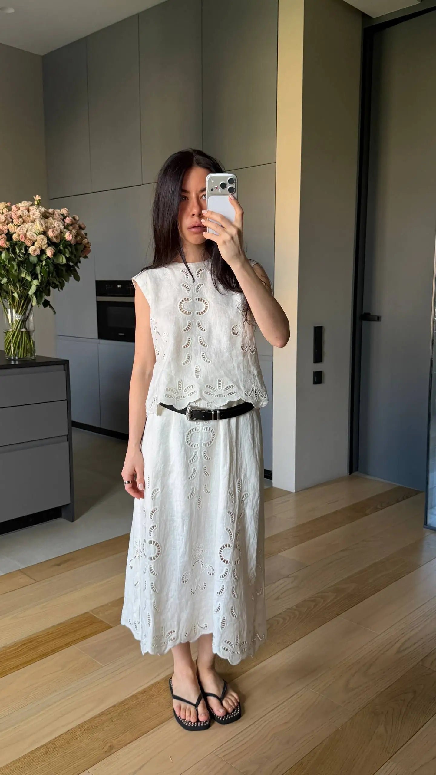 Summer Women Linen Two Piece Set Cut-Out Embroidered Sleeveless Top Midi Skirt Boho Beach Vacation Style