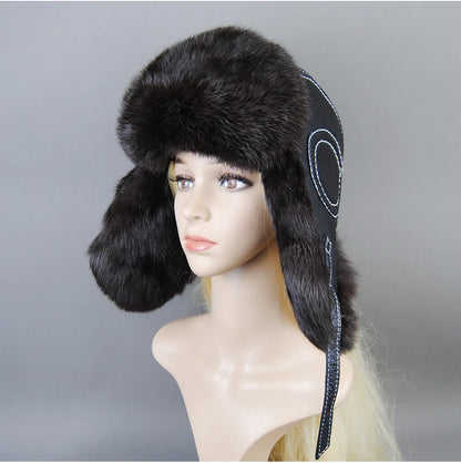 Hot Sale Winter Women's 100% Real Rabbit Fur Bomber Hat Ushanka Cap Trapper Russian Woman Ski Hats Caps Real Sheepskin Leather