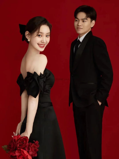 Wedding Dresses Sweet Bow Off The Shoulder For Women 2024 Satin Black Evening Dress Elegant Floor-length Simple Wedding Shooting
