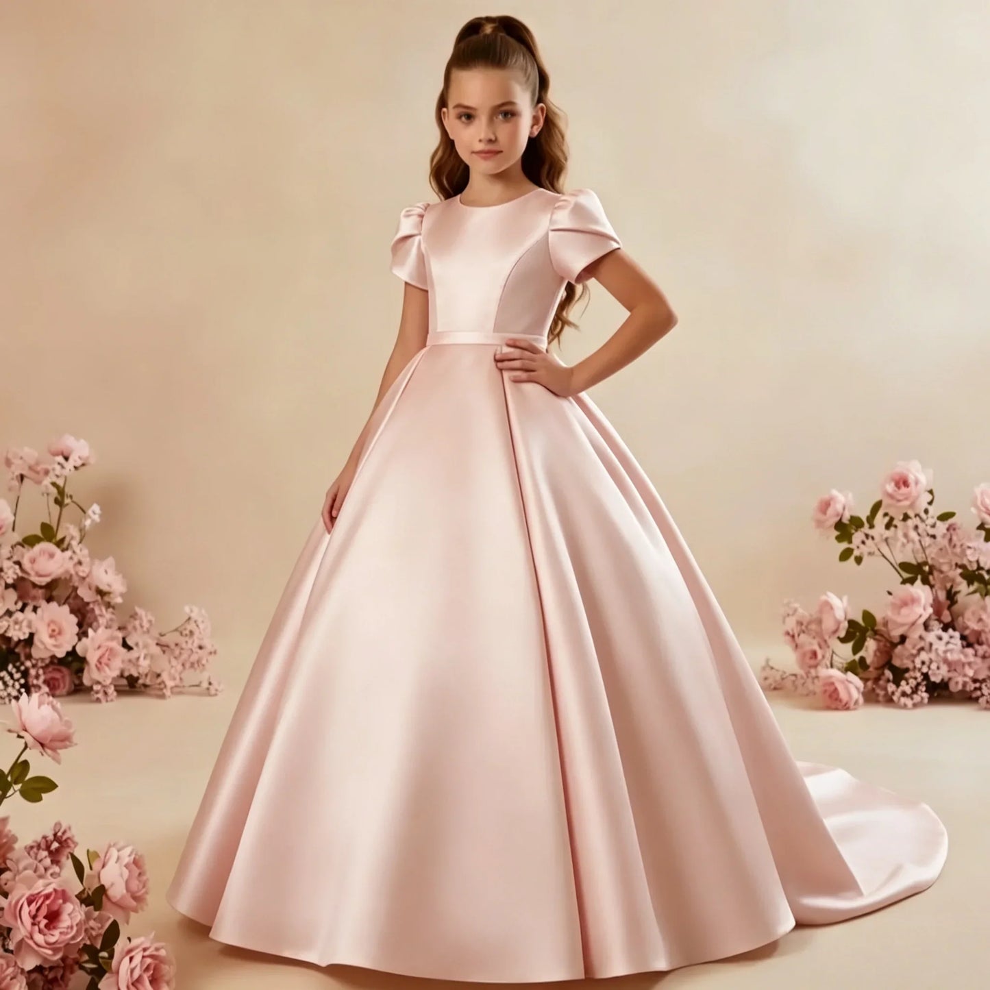 White Flower Girl Dress for Wedding With Bow Satin Floor Length Elegant First Communion Ball Birthday Party Gowns