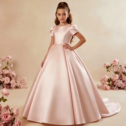White Flower Girl Dress for Wedding With Bow Satin Floor Length Elegant First Communion Ball Birthday Party Gowns