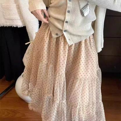 Sweet Elegant Skirts Women Korean Style Polka Dot Mesh Ruffle Skirt Fairycore Fashion Retro Streetwear Layered Skirts