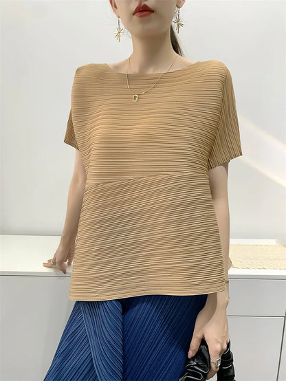 Miyake Irregular Short Sleeve Pleated Top Simple Loose Plus Size with Stretch T-Shirt Vacation Office Clothing Polyester Crepe