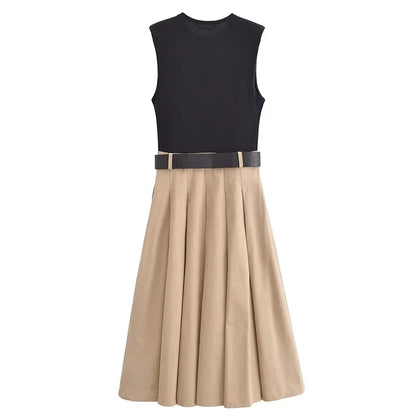 2025 Woman Dresses Belt Pleated Midi Dress Women Sleeveless Summer Dress Woman Knitted Party Dresses for Women Sundress