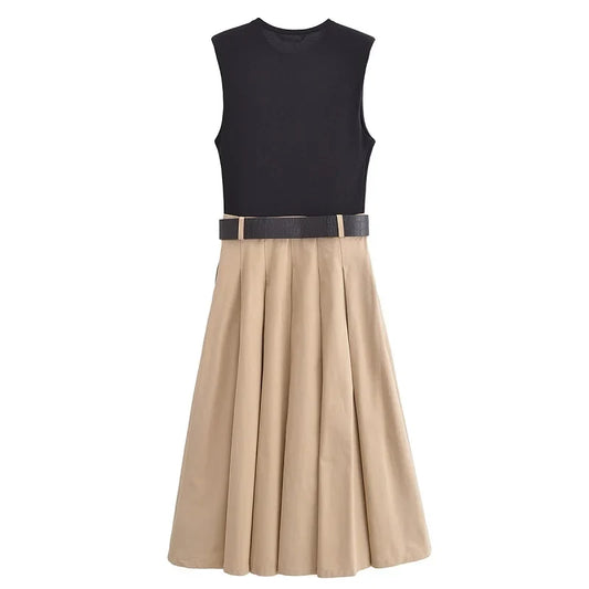 2025 Woman Dresses Belt Pleated Midi Dress Women Sleeveless Summer Dress Woman Knitted Party Dresses for Women Sundress