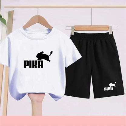 Summer Rabbit Graphics Boys Black Girls Pink Age 3-12 Tee+Shorts Suit Children Short Sleeve T-shirts Child  Casual Clothes