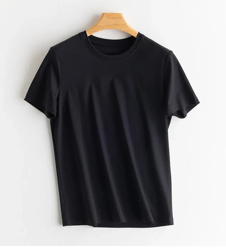 6% Real Silk Cotton Modal Women's T-shirt 2026 Summer Tees Short Sleeve Solid Tee Shirts V-neck Casual Woman Basic T shirt Tops