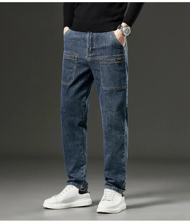 6 Pocket Design Denim Jeans Men's 2025 New High Elasticity Denim Casual Trousers Straight Male Pants Fashion Mid-waist Jeans
