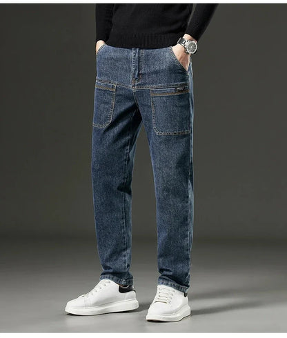 6 Pocket Design Denim Jeans Men's 2025 New High Elasticity Denim Casual Trousers Straight Male Pants Fashion Mid-waist Jeans