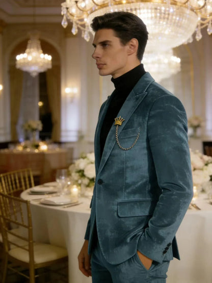 Men's Teal Velvet Blazer 1 Button Single Breasted Slim Fit Formal Wedding Party Suit Jacket