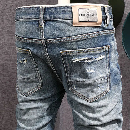 Street Fashion Men Jeans Retro Blue Stretch Slim Fit Hole Ripped Jeans Men Patched Designer Hip Hop Vintage Denim Pants Hombre