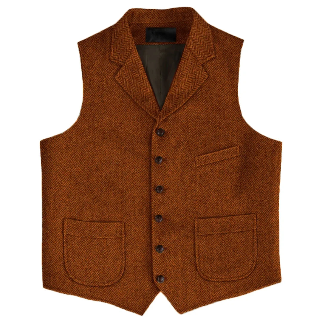 Men Vest Brown Herringbone Single Button With Lapel And Pocket Waistcoat For Wedding Business Work Daily Casual Men Suit Vest