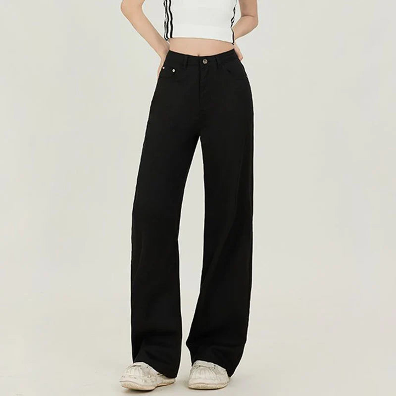 Lady Korean Fashion High Waist Jeans Pants Women Loose Fit Denim Trousers Girls White Casual Straight Leg Pants