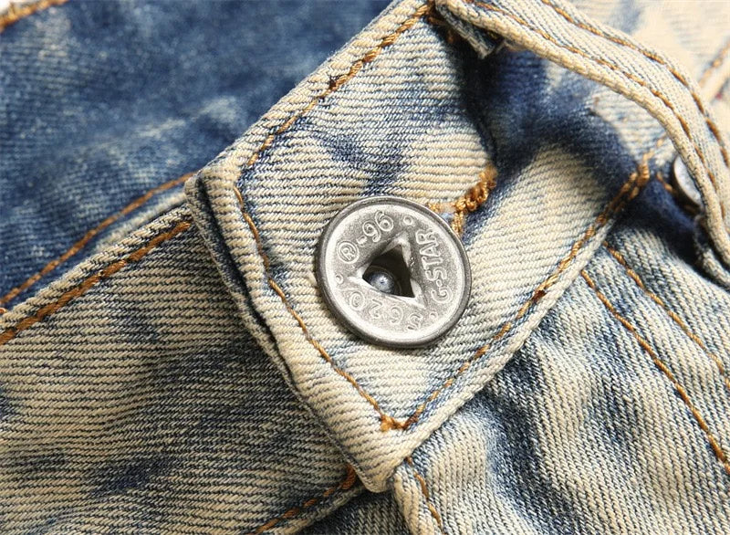 Summer Worn and Scratched Jeans Men's Small Feet Perforated Pockets Ragged Edges Long Pants Slim Fit Printing High Street Tide 2