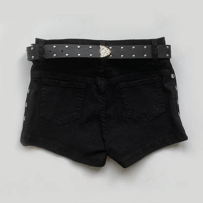 Summer Black Sexy Low Waist Y2K Jean Shorts Women Holiday Punk Gothic Denim Pants Korean Daily Fashion Skinny Strech Shorts+Belt