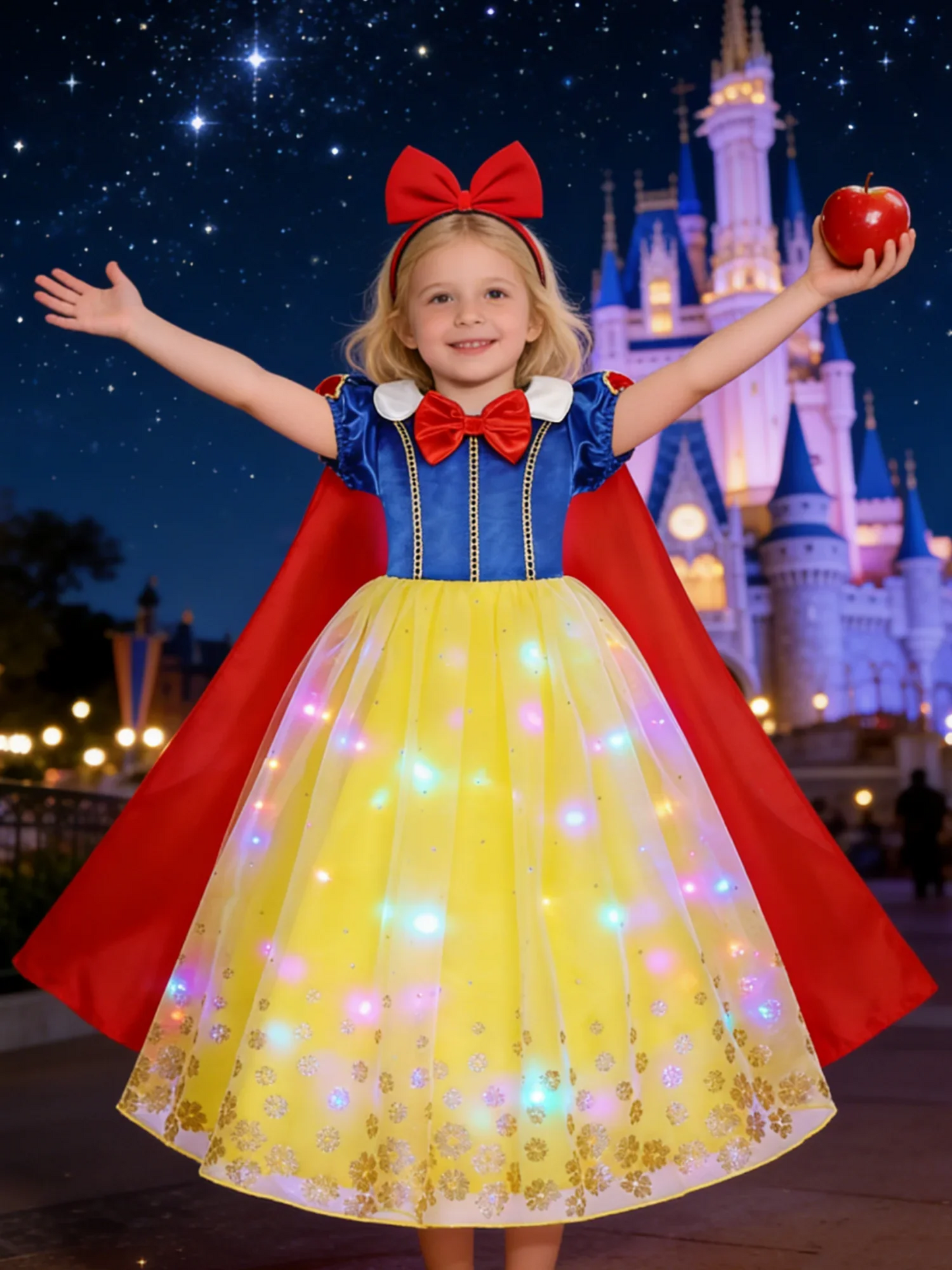 Popular Movie LED Princess Dress, White Snow Dress, With Cape And Headpiece For Halloween Carnival Birthday Party Cosplay