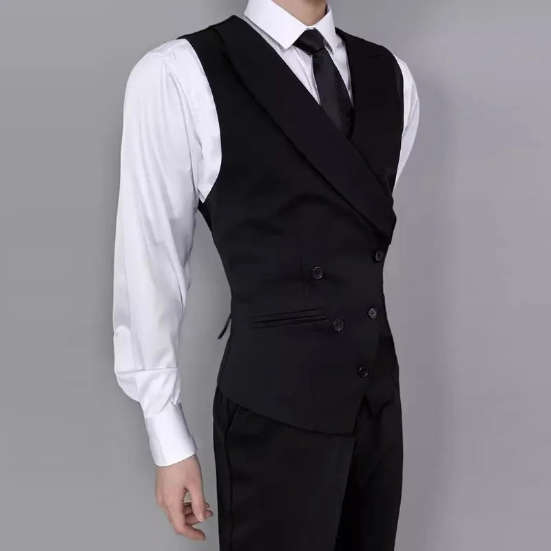 Man Waistcoat Vintgae Slim Turn Down Collar Male Suit Vest Simple Double-breasted Breathable Casual Versatile Men Vest