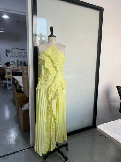 Gown Neck Strap Irregular Long Dress For Women Ruffle Sleeveless High Waist Backless Dresses 2025 New Summer Elegant Party Y2k