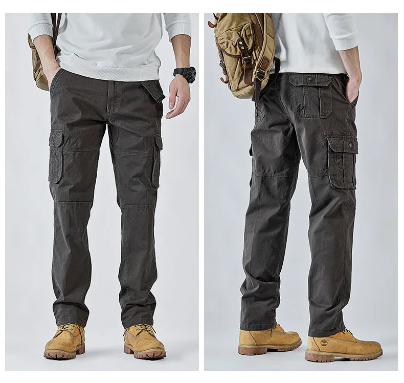 2026 Men's Cargo Pants Straight Leg Cotton Stretch Tactical Trouser Male Military Outdoor Camping Fishing Casual Work Wear Khaki