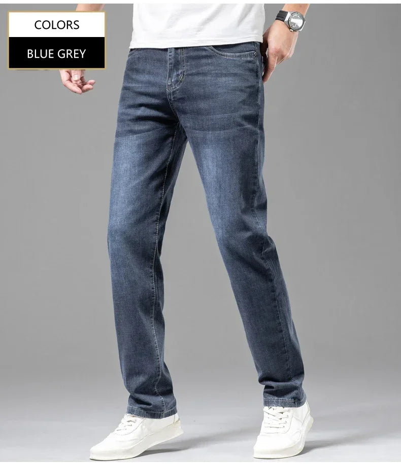Summer Thin Men's Elastic Cotton Jeans Fashion Gray Comfortable Business Straight Casual Pants Brand Male Clothes Trousers