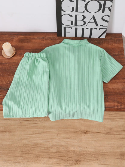 Boys Big Size Shirt Shorts Set Vertical Stripes Pattern Summer Outdoor Casual Outfit Children's Clothing