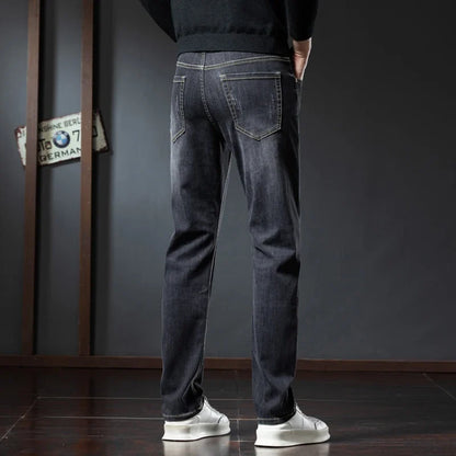 2025 Winter Fleece Jeans Men's Fashion Elastic Slim Straight Warm Trousers Thicken Business Casual Korean Thermal Denim Pants