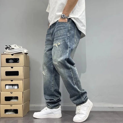 Autumn and Spring New Fashion Trend Pure Color Retro Straight Leg Jeans Men's Loose Sports Plus Size High Quality Denim Pants