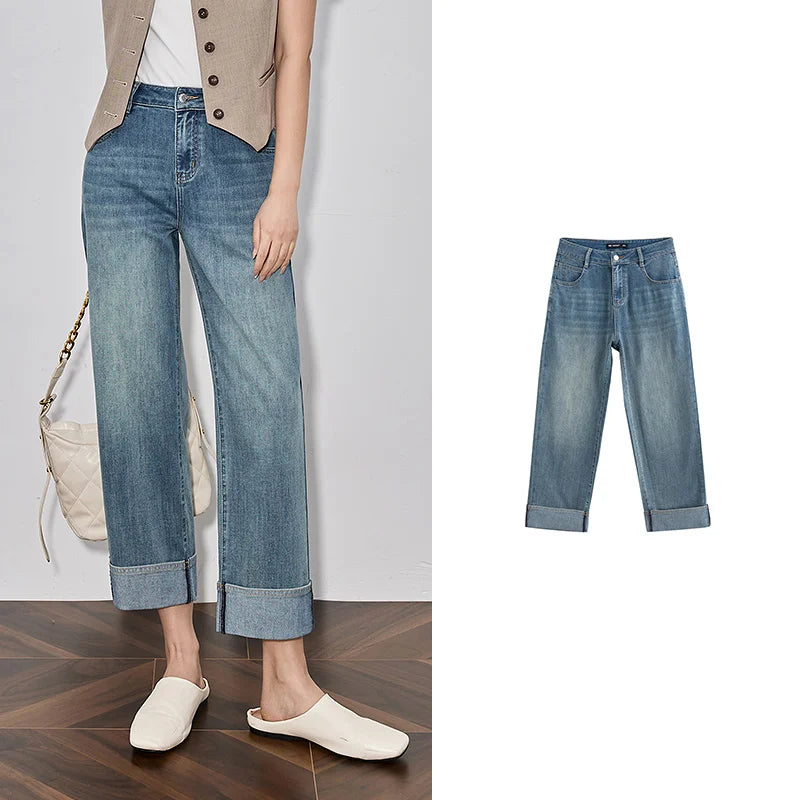 Women Denim Jeans 2025 Spring New Straight Wide Leg Rolling Up Ankle Length Cropped Pants