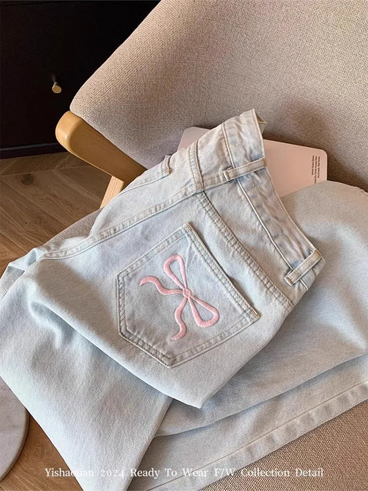 Womens Casual Loose Fit Jeans Relaxed Trousers High Waist Wide Leg Light Wash Embroidered Plus Size Comfort Jeans Women's jeans