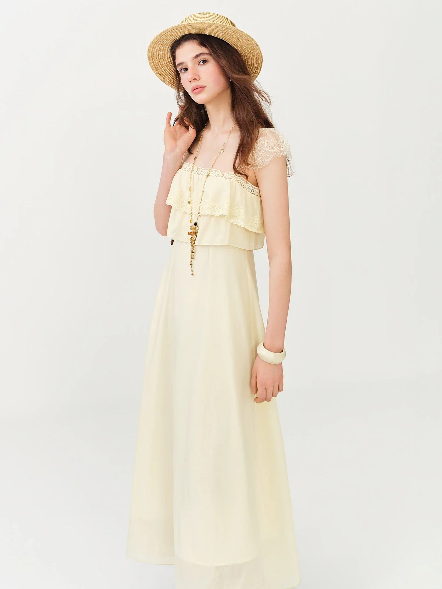 2026 Summer Women's Cap Sleeve Ruffle Hem Slip Dress, Slim Fit Flowy Maxi Dress for Y2K Coquette & Romantic Vacation Style