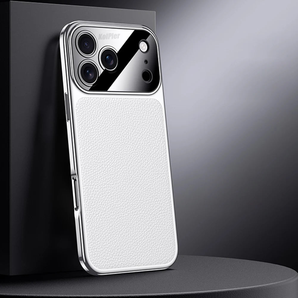 Original Leather Case For iPhone 17 PRO MAX Plating Genuine cowhide Lichee Pattern Lens Protection Shockproof Hard Phone Cover