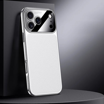 Original Leather Case For iPhone 17 PRO MAX Plating Genuine cowhide Lichee Pattern Lens Protection Shockproof Hard Phone Cover