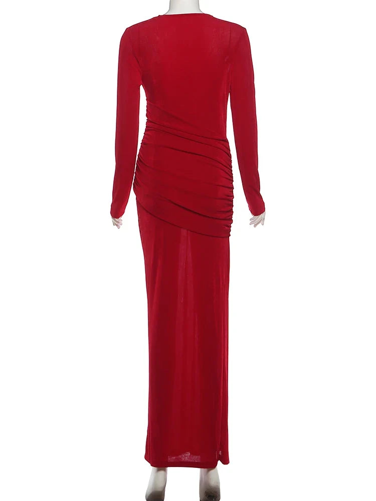 Folds Maxi Dress Women o-Neck Full Sleeve Solid Banquet Elegant Vacation Fashion Autumn Skinny Casual Simple Vestidos