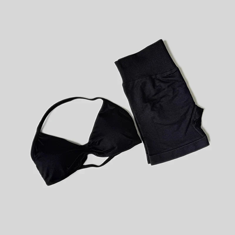 Yoga Set Fitness Gym Women Solid High Waist Peach Short Legging Halter Neck Sport Bra Athletic Gym Suit