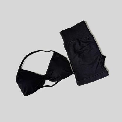 Yoga Set Fitness Gym Women Solid High Waist Peach Short Legging Halter Neck Sport Bra Athletic Gym Suit