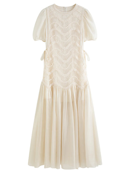 2025 Summer Women's Mesh Embroidery Dress Hollow Out Splicing Bubble Sleeves Waist Tie Y2K Trendy Boho Chic 25FS12832