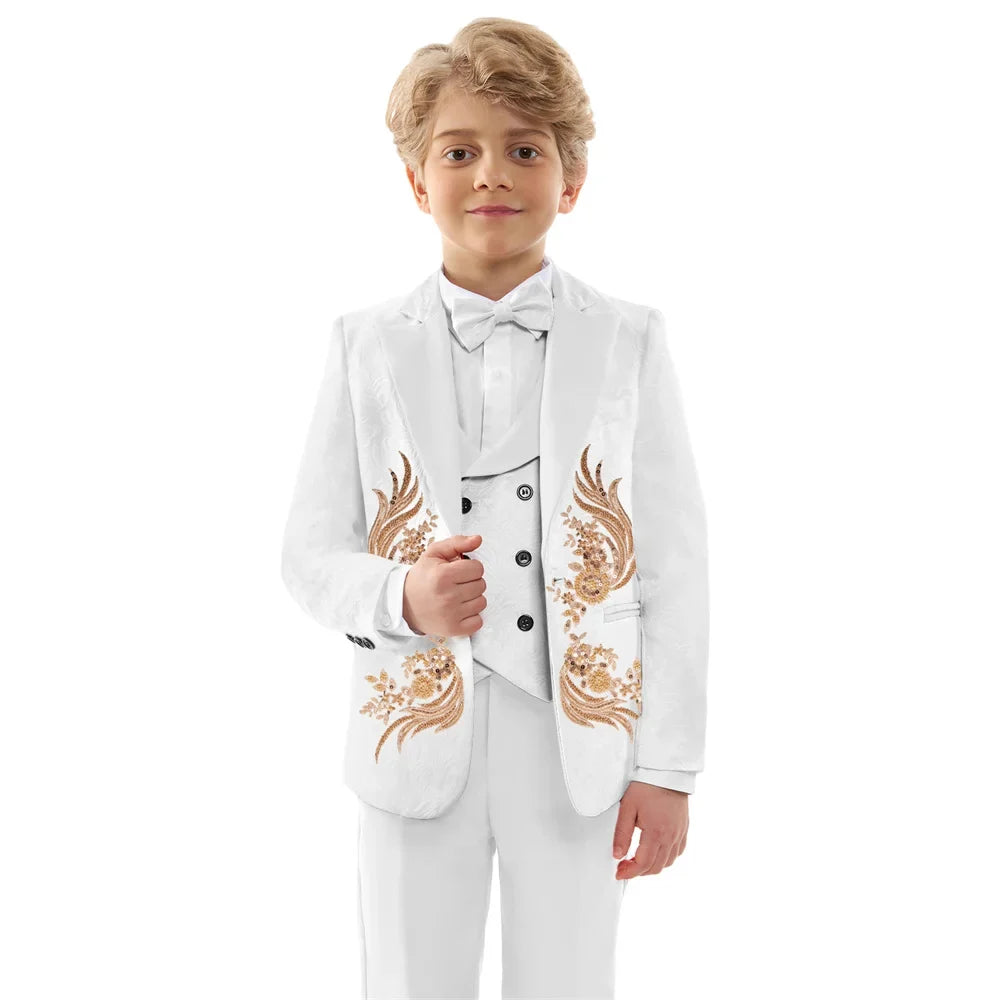 Luxurious Beaded Appliques Suit Set 4 Pieces For Boys Jacquard Kids Suits Performance Costumes Handsome Party Tuxedo