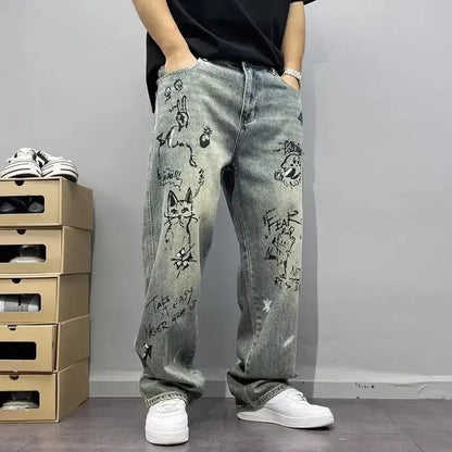 Korean Retro Ripped Jeans Embroidered Slim Fit Men'S Straight Leg Pants Graffiti Jeans Fashion Casual Pants
