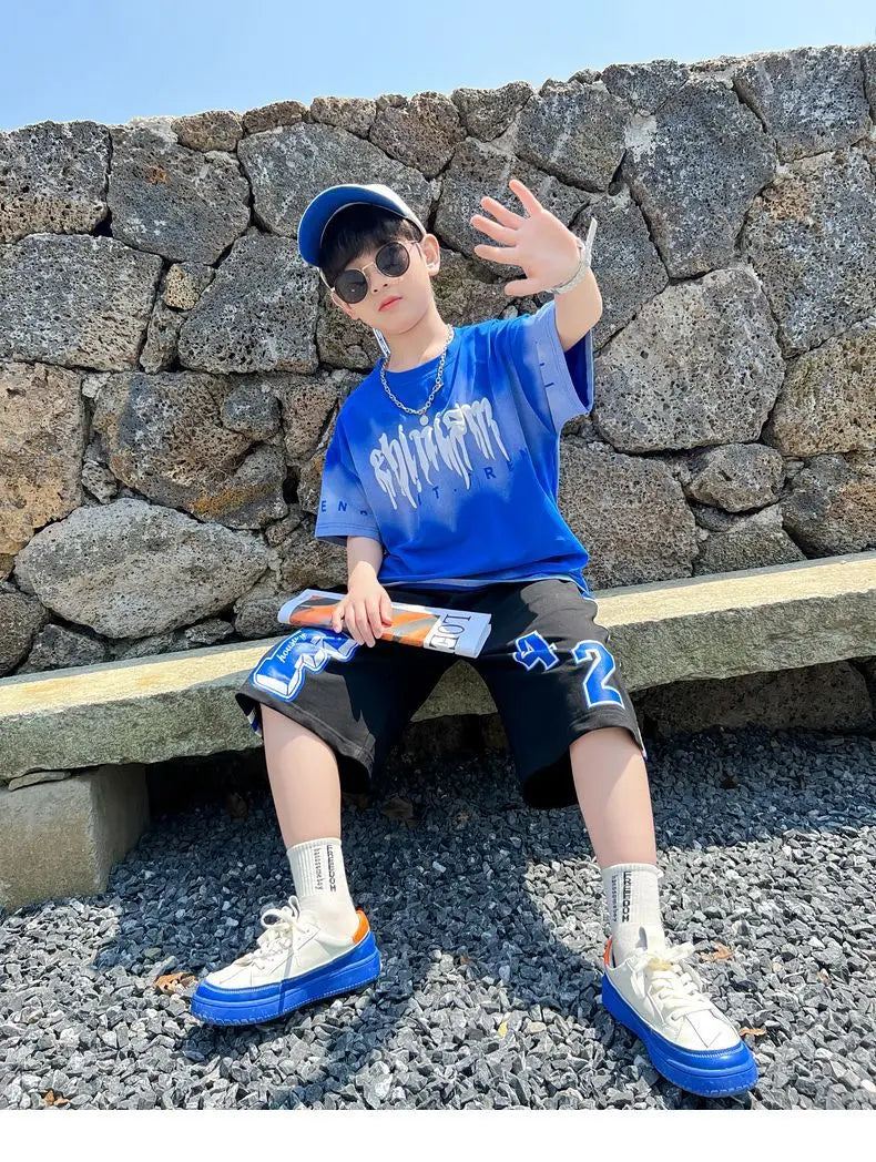 Summer Boys Cotton Alphabet Tie Dye t-Shirt Tops+Sweat Shorts Pant School Kids Tracksuit Child 2PCS Outfit Workout Set 5-16Years
